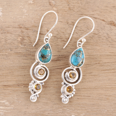 Citrine and Composite Turquoise Dangle Earrings from India 