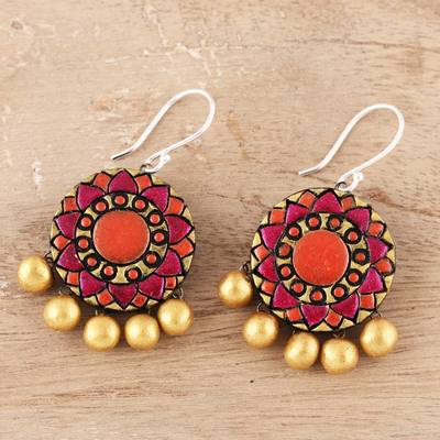 Ceramic dangle earrings, 'Mandala Flowers' - Floral Ceramic Dangle Earrings from India