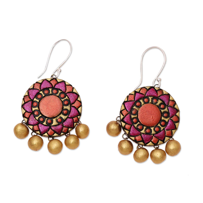 Ceramic dangle earrings, 'Mandala Flowers' - Floral Ceramic Dangle Earrings from India
