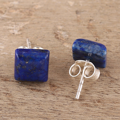 Lapis lazuli stud earrings, 'Contemporary Corners' - Square Lapis Lazuli Stud Earrings from India