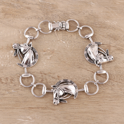 Sterling silver link bracelet, 'Horse Trio' - Sterling Silver Horse Link Bracelet from India