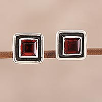 Garnet stud earrings, 'Fire Frame' - Faceted Garnet Square Stud Earrings from India
