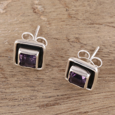 Amethyst stud earrings, 'Regal Frame' - Square Amethyst Stud Earrings from India