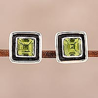 Peridot stud earrings, 'Verdant Frame' - Square Peridot Stud Earrings from India