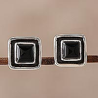 Onyx stud earrings, 'Midnight Frame' - Square Onyx Stud Earrings from India
