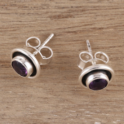 Amethyst stud earrings, 'Graceful Frames' - Circular Amethyst Stud Earrings from India