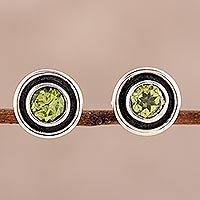 Peridot stud earrings, 'Graceful Frames' - Circular Peridot Stud Earrings from India