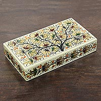 Caja decorativa de papel maché, 'Chinar Flair' - Caja decorativa de papel maché con motivo de hojas de Chinar de la India