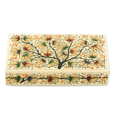 Papier mache decorative box, 'Chinar Flair' - Chinar Leaf Motif Papier Mache Decorative Box from India