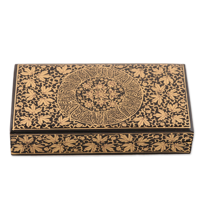 Papier mache decorative box, 'Midnight Golden Leaves' - Gold-Tone Leaf Motif Papier Mache Decorative Box from India
