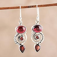 Garnet dangle earrings, 'Fiery Labyrinth' - Garnet and Sterling Silver Spiral Dangle Earrings