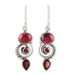 Garnet dangle earrings, 'Fiery Labyrinth' - Garnet and Sterling Silver Spiral Dangle Earrings