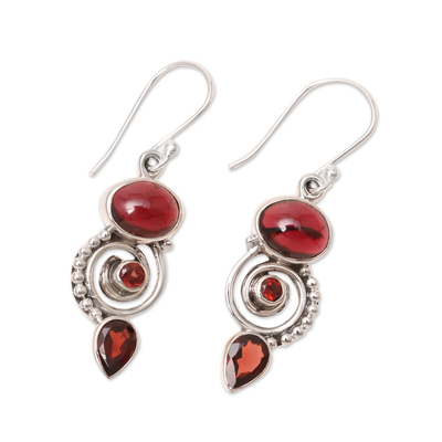 Garnet dangle earrings, 'Fiery Labyrinth' - Garnet and Sterling Silver Spiral Dangle Earrings