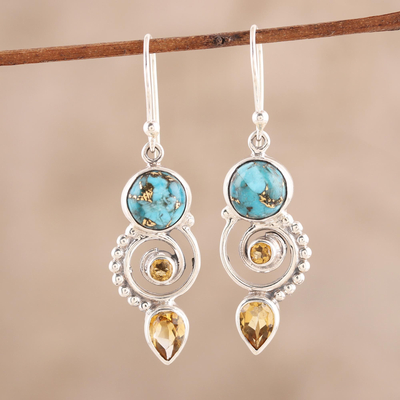 Citrine dangle earrings, 'Cool Labyrinth' - Citrine and Composite Turquoise Spiral Dangle Earrings