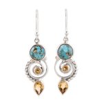 Citrine dangle earrings, 'Cool Labyrinth' - Citrine and Composite Turquoise Spiral Dangle Earrings