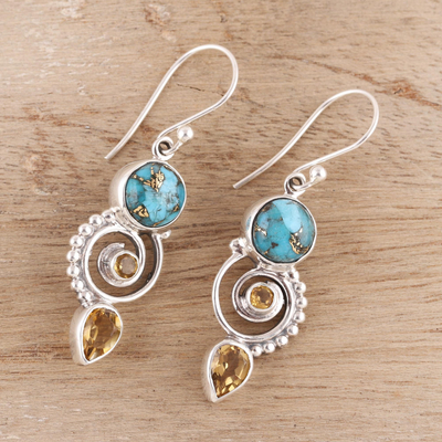 Citrine dangle earrings, 'Cool Labyrinth' - Citrine and Composite Turquoise Spiral Dangle Earrings