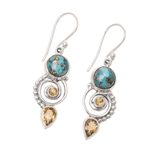 Citrine dangle earrings, 'Cool Labyrinth' - Citrine and Composite Turquoise Spiral Dangle Earrings