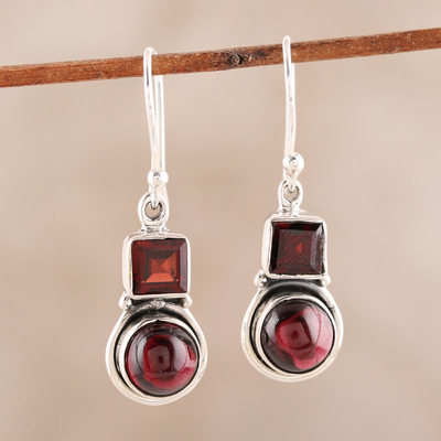 Garnet dangle earrings, 'Glittering Combo' - Square and Circular Garnet Dangle Earrings from India