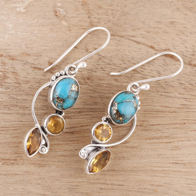 Citrine dangle earrings, 'Classic Glamour' - Faceted Citrine and Composite Turquoise Dangle Earrings