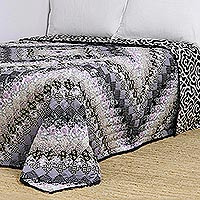 Cotton patchwork quilt, 'Grey Floral' (king) - Square Pattern Cotton Patchwork Quilt from India (King)