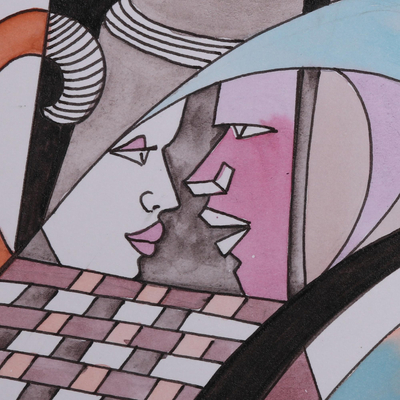 'Many Facets of Life' - Signed Cubist Portrait Painting from India