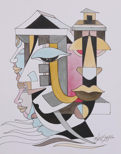 'Evolution of Ideas' - Signed Multicolored Cubist Painting from India