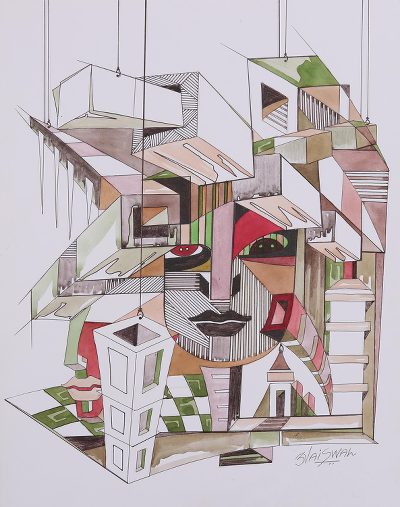 'Materialism' - Colorful Modern Cubist Painting from India