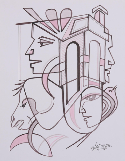 'Modern Life' - Modern Black and White Cubist Painting from India