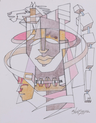 'Sky the Limit' - Signed Modern Cubist Painting by an Indian Artist