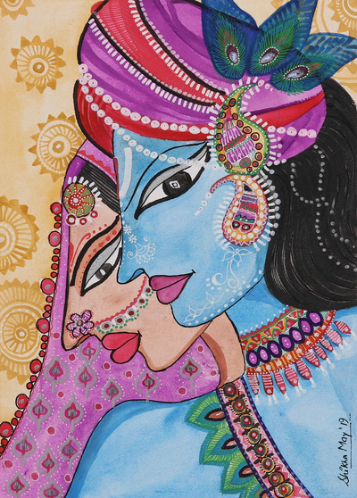 'Divine Romance' - Signed Watercolor Painting of Radha and Krishna from India