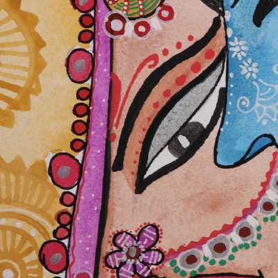 'Divine Romance' - Pintura de acuarela firmada de Radha y Krishna de la India