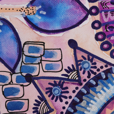 'Indian Folklore' - Signed Blue and Purple Abstract Painting from India