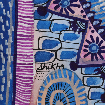 'Indian Folklore' - Pintura abstracta azul y violeta firmada de la India