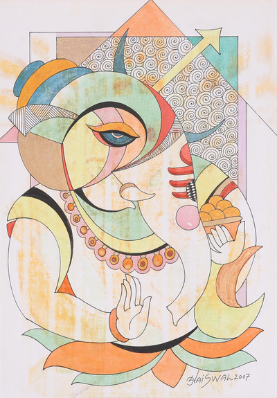 'Lalitasana (Sitting Posture)' - Signed Multimedia Expressionist Ganesha Painting from India