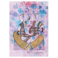 'Ganesha - Playing Drum' - Music-Themed Expressionist Ganesha Painting from India