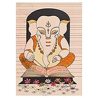 'Vedic Ganesha' - Signed Expressionist Ganesha Painting in Beige from India