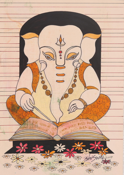 'Vedic Ganesha' - Cuadro de Ganesha expresionista firmado en beige de la India