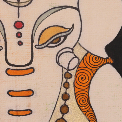 'Vedic Ganesha' - Signed Expressionist Ganesha Painting in Beige from India
