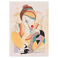 „Calm Ganesha“ – farbenfrohes expressionistisches Gemälde von Lord Ganesha aus Indien