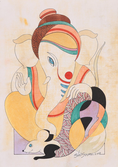 „Calm Ganesha“ – Buntes expressionistisches Gemälde von Lord Ganesha aus Indien