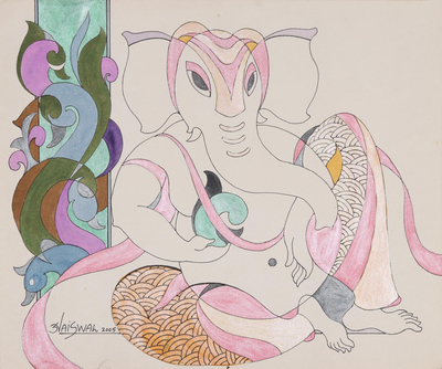 „Royal Ganesha I“ – Signiertes expressionistisches Gemälde des Hindu-Gottes Ganesha