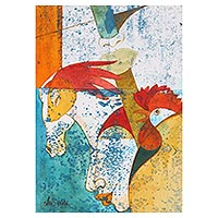 'Nature's Creation' - Signed Expressionist Rooster and Horse Painting from India