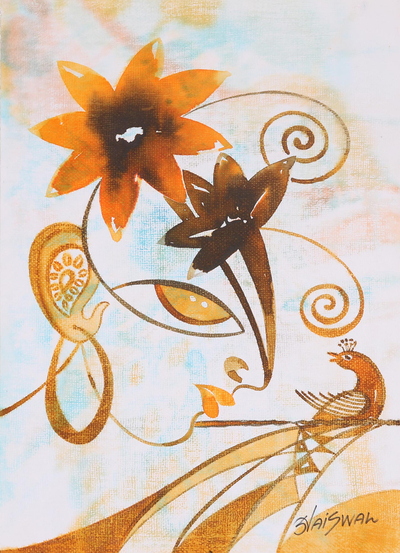 'Love' - Pintura expresionista firmada de un rostro y un pavo real