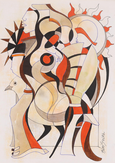 'Harmony' - Signed Cubist Painting in Beige and Red from India