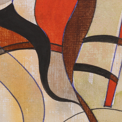 'Harmony' - Signiertes kubistisches Gemälde in Beige und Rot aus Indien