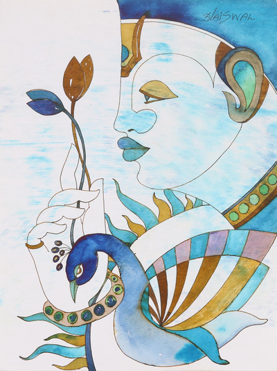 'Krishna' - Pintura expresionista firmada de Krishna en azul de la India
