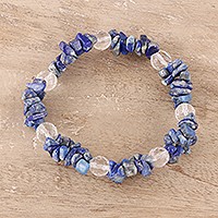 Lapis lazuli and quartz beaded stretch bracelet, 'Lake Charm' - Lapis Lazuli and Clear Quartz Beaded Stretch Bracelet