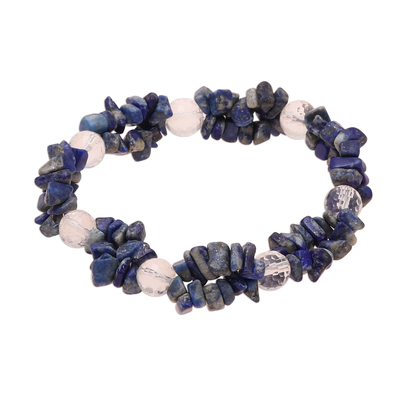 Pulsera elástica con cuentas de lapislázuli y cuarzo - Pulsera elástica con cuentas de lapislázuli y cuarzo transparente