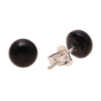 Onyx stud earrings, 'Gemstone Orbs' - Round Black Onyx Stud Earrings from India