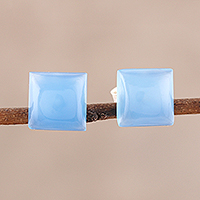 Chalcedony stud earrings, 'Contemporary Corners' - Square Blue Chalcedony Stud Earrings from India